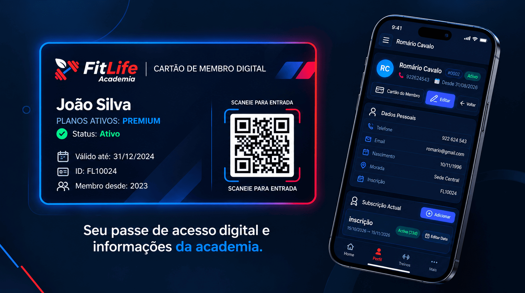 Cartão de membro com QR Code e perfil no telemóvel